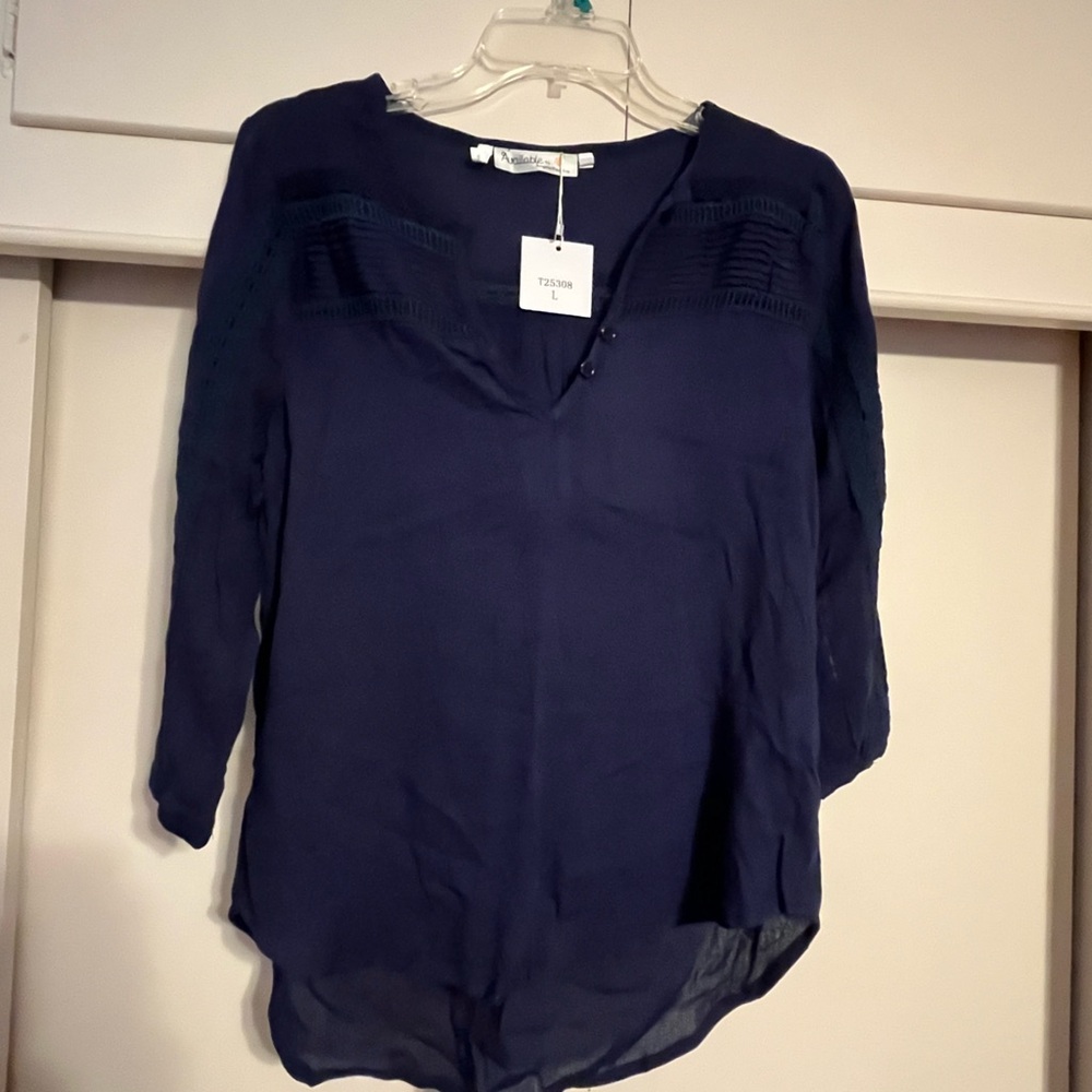 Elegant Navy Blouse with Lace Detail Large NWT Available by Angela Fashion